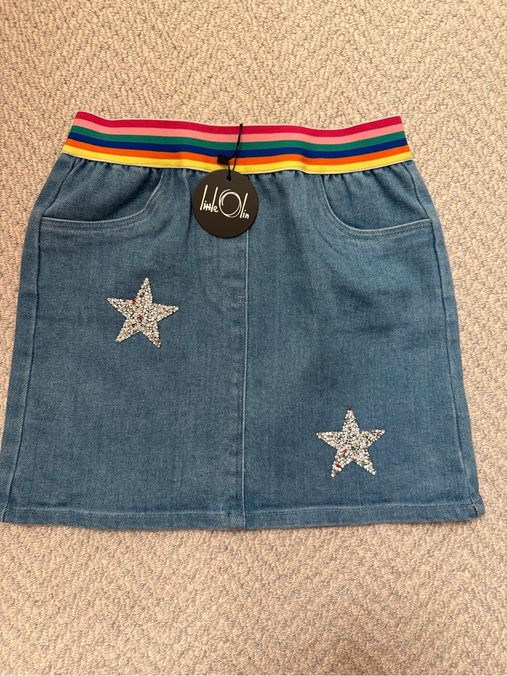 Girls' Blue Denim Skirt with Rainbow Waistband- size 14 NWT